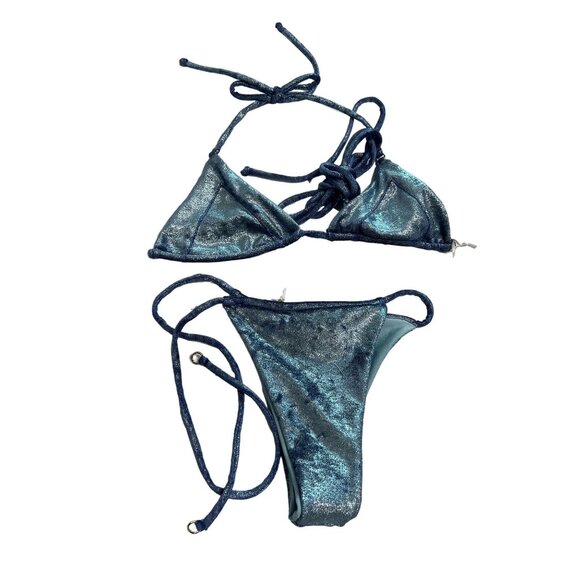 Heart of Sun Triangle Metallic String Bikini in Blue - Picture 1 of 3